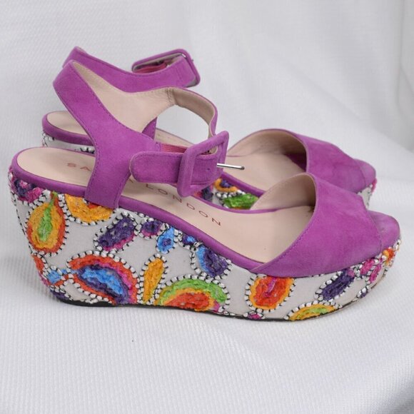 Sacha London Shoes - Sacha London Y2K Purple Embroidered Floral Wedge Heels Sz 9